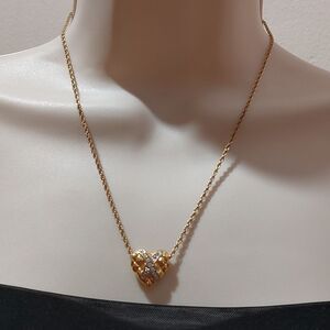 Lindenwold 2D Waffled Heart w Crystal Accent Two Tone Pendant Gold Tone Necklace